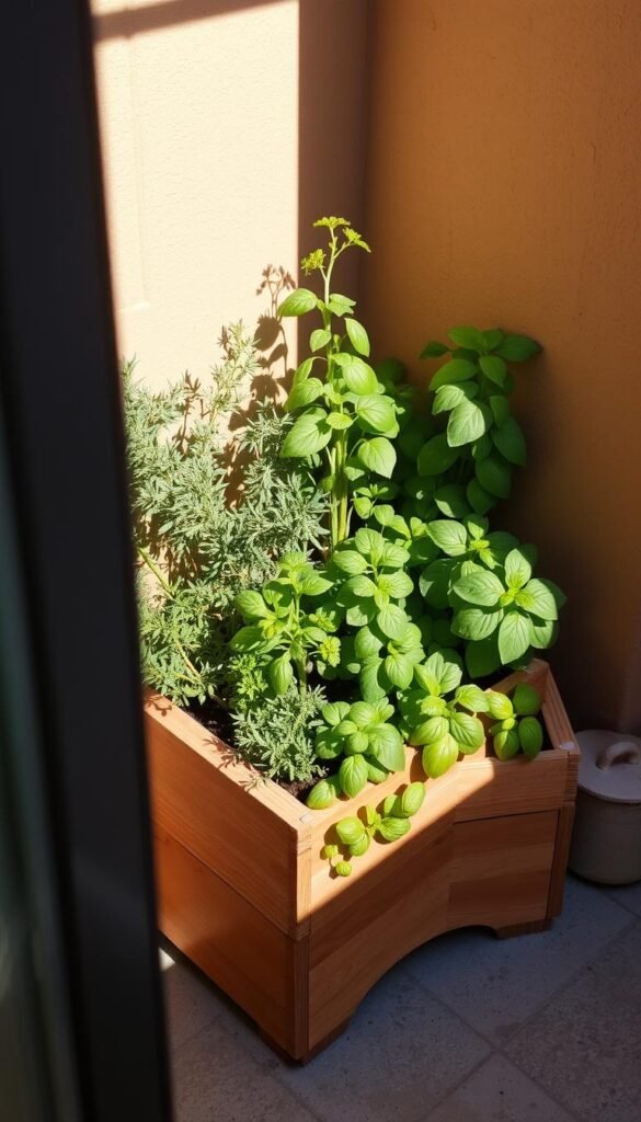 A compact, neatly arranged raised herb garden, with a wooden frame and a variety of lush, vibrant herbs such as rosemary, thyme, basil, and parsley. The garden is situated in a cozy, sun-dappled corner, with a warm, earthy tone and gentle shadows that create a sense of tranquility. The herbs are arranged in a visually pleasing, symmetrical layout, with each plant carefully positioned to maximize the use of the limited space. The overall composition conveys a sense of order, productivity, and the joyful cultivation of culinary delights in a compact urban setting.
