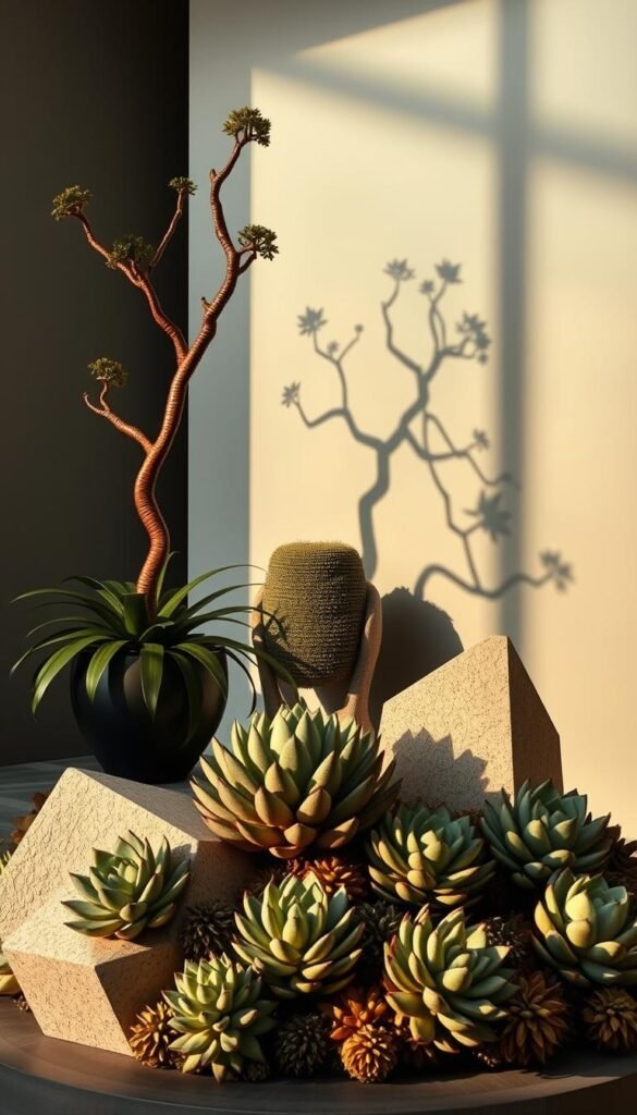 A contemporary and sculptural plant design, showcasing a harmonious blend of organic forms and modern aesthetics. In the foreground, an architectural succulent arrangement with geometric shapes and varied textures, backlit by warm lighting to accentuate the shadows and patterns. The middle ground features a sculptural tree-like plant, its branches twisting and reaching towards the sky, casting dynamic shadows across the scene. In the background, a minimalist backdrop of clean lines and muted tones, allowing the plants to take center stage. The overall composition exudes a sense of balance, tranquility, and a refined, modern sensibility.
