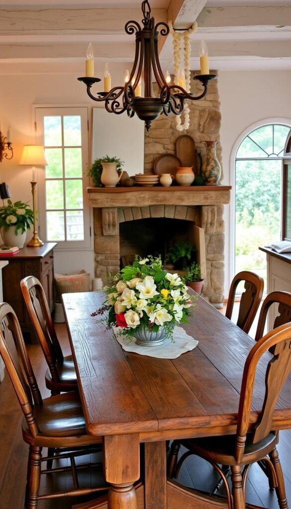 A cozy French country interior with a rustic wooden table, vintage-inspired chairs, and a lush floral centerpiece. Warm lighting from antique sconces and a wrought-iron chandelier casts a soft glow, complementing the weathered wood accents, distressed painted furniture, and natural linen textiles. In the background, a stone fireplace mantel adorned with decorative plates and pottery adds to the charming, lived-in ambiance. The scene is framed by an arched window overlooking a picturesque garden, hinting at the tranquil outdoor retreat beyond.