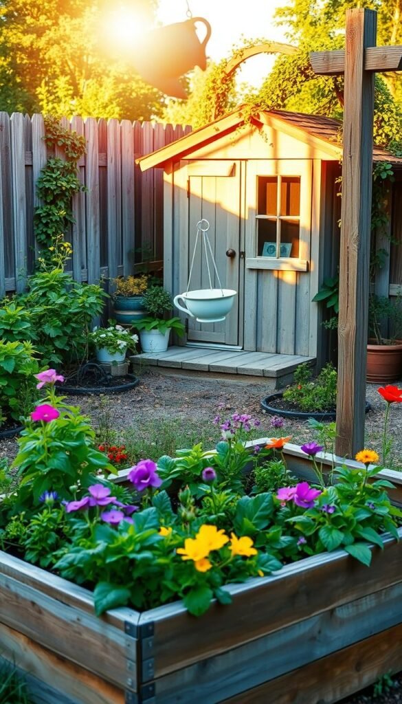 A cozy backyard scene with a variety of DIY garden upgrades, bathed in warm, golden sunlight. In the foreground, a raised garden bed constructed from reclaimed wood, overflowing with vibrant flowers and lush herbs. In the middle ground, a whimsical bird feeder crafted from a repurposed teacup, hanging from a sturdy wooden post. The background features a charming garden shed, its weathered walls adorned with a trellis of climbing vines. The overall atmosphere is one of rustic charm and budget-friendly creativity, inspiring the viewer to tackle their own DIY garden projects. A cozy backyard scene with a variety of DIY garden upgrades, bathed in warm, golden sunlight. In the foreground, a raised garden bed constructed from reclaimed wood, overflowing with vibrant flowers and lush herbs. In the middle ground, a whimsical bird feeder crafted from a repurposed teacup, hanging from a sturdy wooden post. The background features a charming garden shed, its weathered walls adorned with a trellis of climbing vines. The overall atmosphere is one of rustic charm and budget-friendly creativity, inspiring the viewer to tackle their own DIY garden projects.