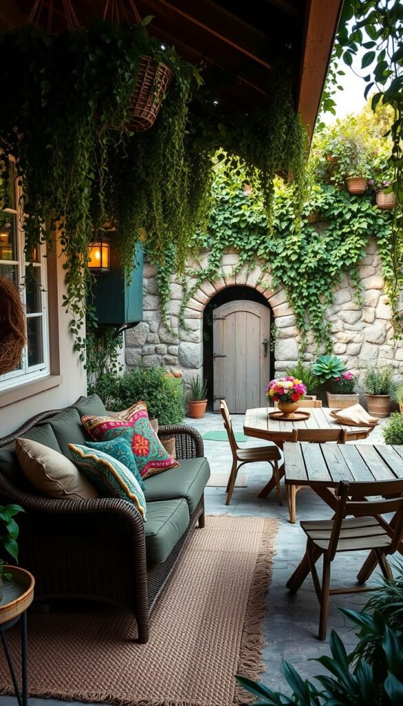 A cozy bohemian patio, filled with lush greenery and eclectic decor. In the foreground, a plush outdoor sofa adorned with colorful throw pillows and a woven area rug. Hanging baskets of trailing vines cascade from above, framing the seating area. In the middle ground, a rustic wooden table with mismatched chairs, topped with a vibrant floral centerpiece. Trailing vines and potted plants line the patio edges. The background features a sun-dappled stone wall, with a charming garden gate leading to a whimsical pathway. Warm, golden lighting illuminates the space, creating a inviting, relaxed atmosphere. The overall scene evokes a sense of cozy, lived-in comfort and bohemian flair.