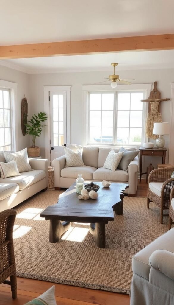 A cozy coastal living room with a plush linen sofa, weathered driftwood coffee table, and woven area rug. Warm natural light streams through large windows, casting a soft glow on the space. Wicker armchairs and a wooden side table create a relaxed, inviting atmosphere. Decorative elements like driftwood accents, seashells, and a rustic wooden wall hanging complement the tranquil, beachy vibe. The room exudes a sense of effortless, lived-in charm that evokes the ambiance of a charming seaside cottage.