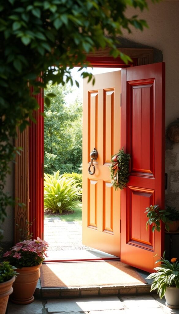 A cozy cottage entryway, sunlight filtering through a lush, verdant garden. The front door, the focal point, showcases a vibrant, inviting color - perhaps a rich, welcoming red or a cheerful, sunny yellow. Intricate wooden trim and a quaint, rustic knocker add charming character. Potted plants and a seasonal wreath flank the doorway, creating a sense of warmth and hospitality. The scene exudes a sense of homey, countryside elegance, enticing visitors to step inside and experience the tranquil, enchanting atmosphere.