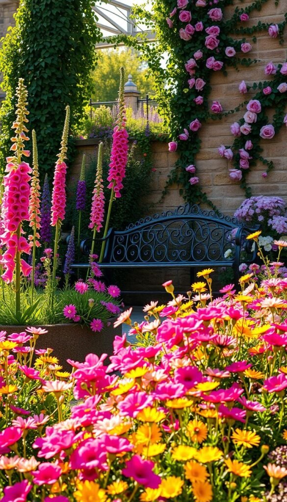 A cozy cottage garden bursting with vibrant blooms surrounding a charming wrought-iron garden bench bathed in soft, warm sunlight. In the foreground, a lush carpet of colorful flowers in shades of pink, purple, and yellow spill over the edges of the raised flower beds. In the middle ground, towering foxgloves, delphinium, and peonies sway gently in a light breeze. In the background, a picturesque stone wall is draped with cascading vines and climbing roses, framing the serene seating area. The scene has a timeless, romantic atmosphere, inviting visitors to pause and savor the beauty of this idyllic cottage garden.
