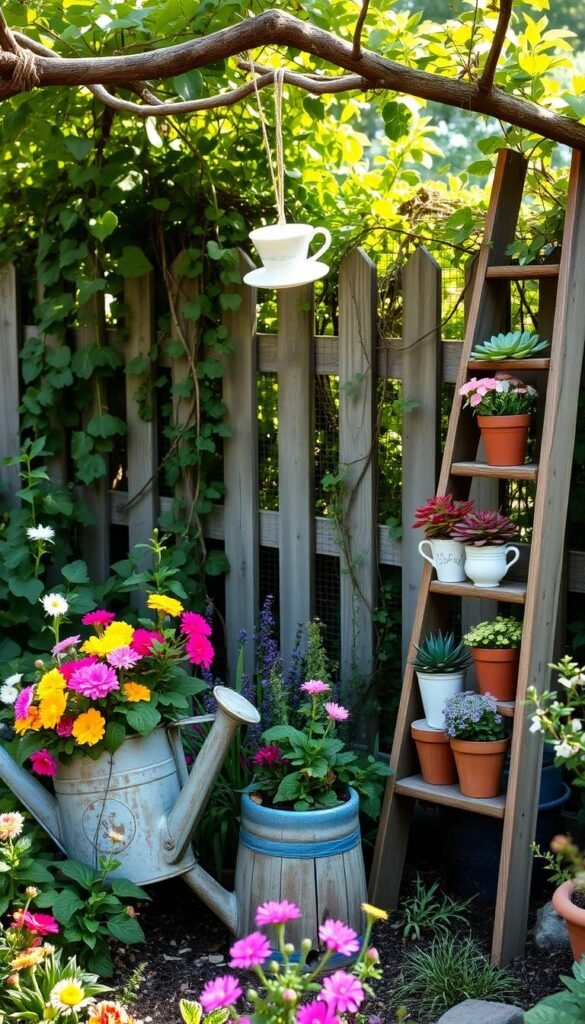 A cozy cottage garden filled with an array of upcycled DIY projects. In the foreground, a rustic watering can planter overflows with vibrant flowers. Nearby, a vintage ladder serves as a tiered display for potted succulents and herbs. In the middle ground, a whimsical birdhouse crafted from a recycled teacup hangs from a gnarled tree branch. The background showcases a charming picket fence entwined with trailing vines, creating a warm, inviting atmosphere. Soft, natural lighting filters through the lush foliage, highlighting the unique textures and earthy tones of the upcycled elements. An overall sense of cottage garden charm and thrifty DIY style permeates the scene.