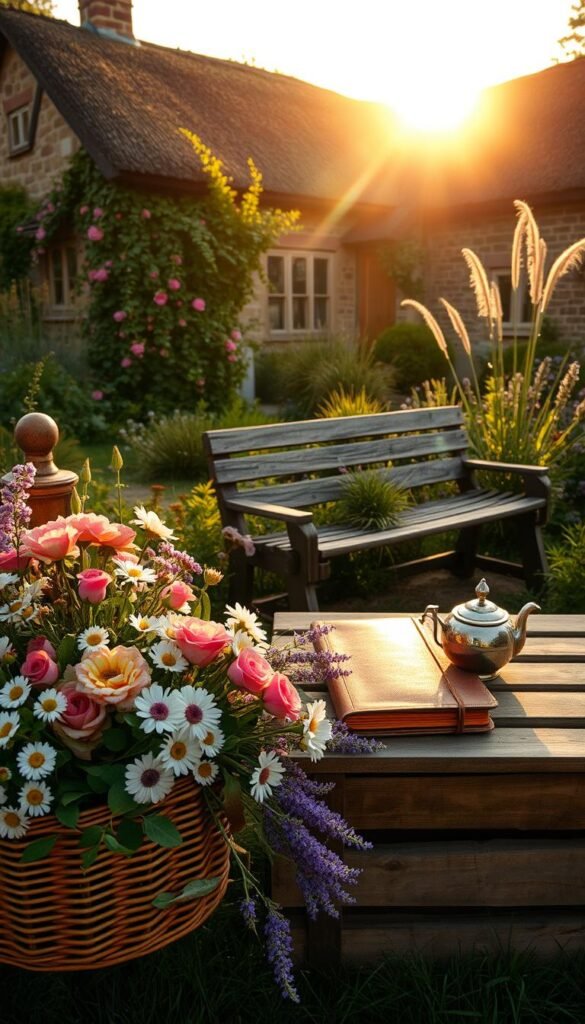 A cozy cottage garden in soft, warm lighting. In the foreground, a wicker basket overflows with freshly picked flowers - delicate roses, cheerful daisies, and fragrant lavender. Nearby, a well-worn leather journal and a vintage tea set rest on a wooden crate, hinting at moments of quiet contemplation. In the middle ground, a weathered wooden bench is surrounded by lush, overgrown greenery - flowering vines, ferns, and tall grasses sway gently. The background reveals a quaint country cottage, its stone walls and thatched roof casting long shadows as the sun dips low in the sky, casting a golden glow over the entire scene. An atmosphere of rustic tranquility and simple pleasures pervades the image.