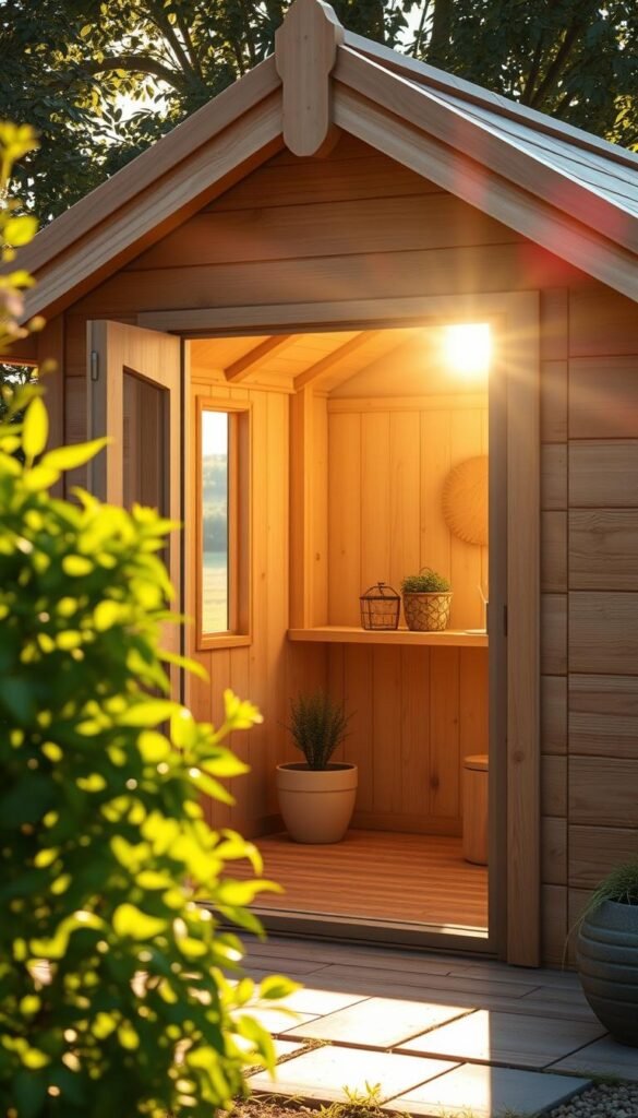 A cozy cottage garden shed bathed in warm, natural light, its design thoughtfully crafted to maximize illumination. In the foreground, a large, inviting window floods the interior with a soft, golden glow, casting a gentle ambiance. The shed's exterior features clean, rustic wood paneling, complemented by a charming peaked roof that casts dynamic shadows. In the middle ground, lush greenery from the surrounding garden spills over, creating a seamless connection between the structure and its natural setting. The background showcases a serene, sun-dappled landscape, hinting at the tranquil, countryside locale. This image evokes a sense of effortless harmony, where form and function converge to create a captivating storage solution that also serves as a decorative focal point.