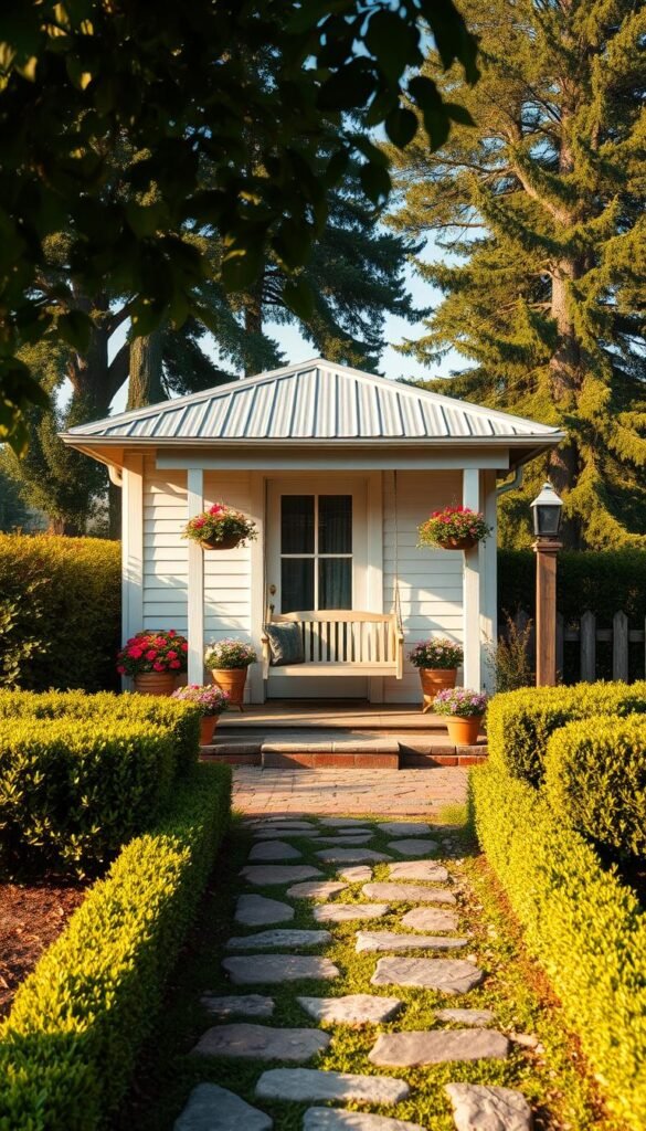 A cozy cottage house nestled in a lush garden, its exterior updated with a fresh coat of soft, weathered white paint. The front porch is adorned with rustic wooden beams and a charming swing, inviting visitors to slow down and savor the tranquil atmosphere. Potted plants and hanging baskets overflow with colorful blooms, framing the entryway. In the foreground, a well-maintained path of natural stone leads to the gate, while the middle ground showcases neatly trimmed hedges and a picket fence surrounding the property. In the background, a backdrop of towering trees and a clear blue sky create a serene, idyllic setting. The lighting is warm and gentle, casting a golden glow over the scene and evoking a sense of cozy, country charm.
