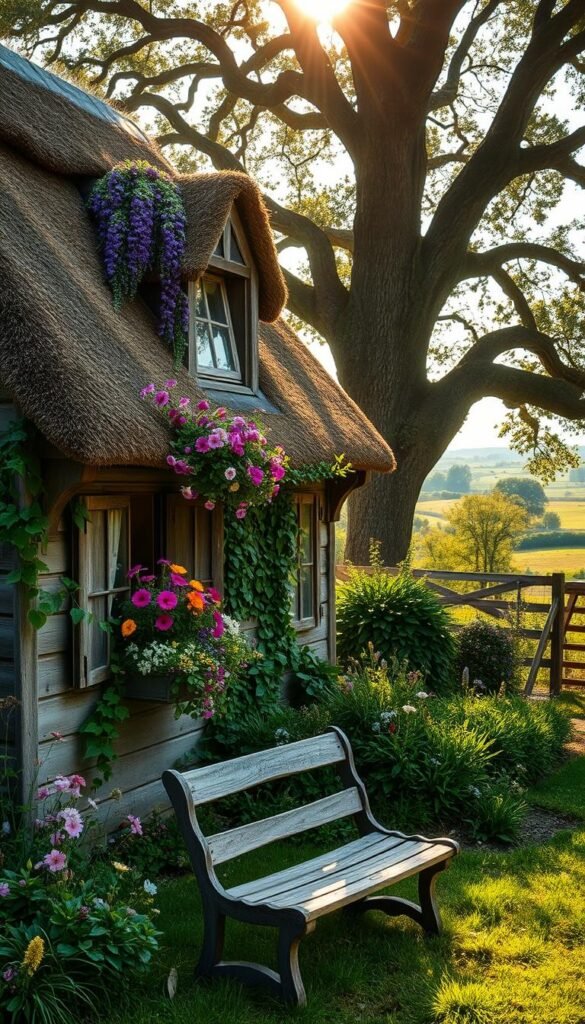 A cozy garden cottage nestled amidst lush greenery, with a charming thatched roof and weathered wooden siding. Vibrant blooms of wildflowers spill from ornate window boxes, their colors vibrant under the soft, golden glow of the afternoon sun. Trailing vines cling to the cottage's exterior, creating a romantic, overgrown aesthetic. In the foreground, a rustic wooden bench sits under the shade of a towering oak tree, inviting visitors to pause and take in the serene, pastoral scene. The background features a picturesque country landscape, with rolling hills and a distant, hazy horizon. The overall mood is one of tranquility, natural beauty, and the simple pleasures of country living.