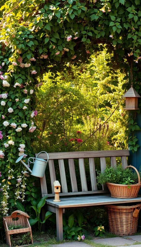 A cozy garden cottage with a lush, overgrown floral backdrop. In the foreground, a rustic wooden bench sits amidst an abundance of wildflowers, ivy, and trailing vines. Sunlight filters through the canopy of trees, casting a warm, golden glow and creating soft, dappled shadows. The scene exudes a sense of tranquility, comfort, and nostalgic charm. A vintage watering can, weathered birdhouse, and a woven basket filled with fresh herbs add to the organic, homespun aesthetic. The overall composition evokes a timeless, enchanting atmosphere, perfectly capturing the essence of the garden cottage aesthetic. A cozy garden cottage with a lush, overgrown floral backdrop. In the foreground, a rustic wooden bench sits amidst an abundance of wildflowers, ivy, and trailing vines. Sunlight filters through the canopy of trees, casting a warm, golden glow and creating soft, dappled shadows. The scene exudes a sense of tranquility, comfort, and nostalgic charm. A vintage watering can, weathered birdhouse, and a woven basket filled with fresh herbs add to the organic, homespun aesthetic. The overall composition evokes a timeless, enchanting atmosphere, perfectly capturing the essence of the garden cottage aesthetic.