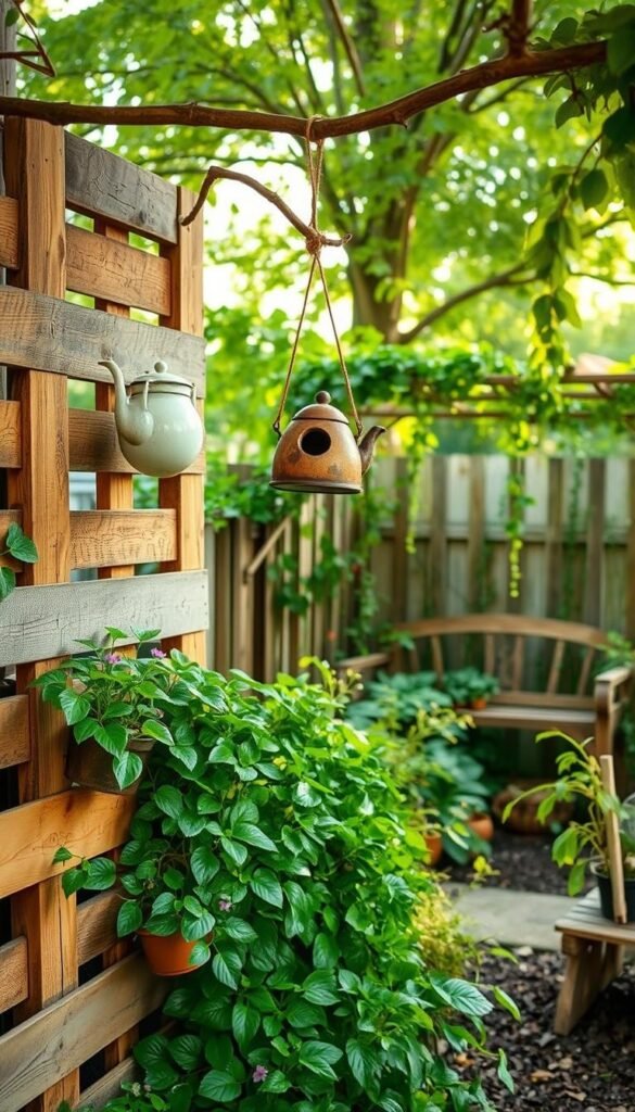 A cozy garden nook filled with whimsical DIY projects made from recycled materials. In the foreground, a vertical garden wall constructed from repurposed wooden pallets, overflowing with lush greenery. In the middle ground, a quirky birdhouse fashioned from an old teapot hangs from a repurposed branch. In the background, a rustic garden bench sits beneath a trellis of cascading vines, all made from scavenged items. Soft, natural lighting filters through the canopy of trees, casting a warm, inviting glow. The scene evokes a sense of homespun charm and sustainable living.