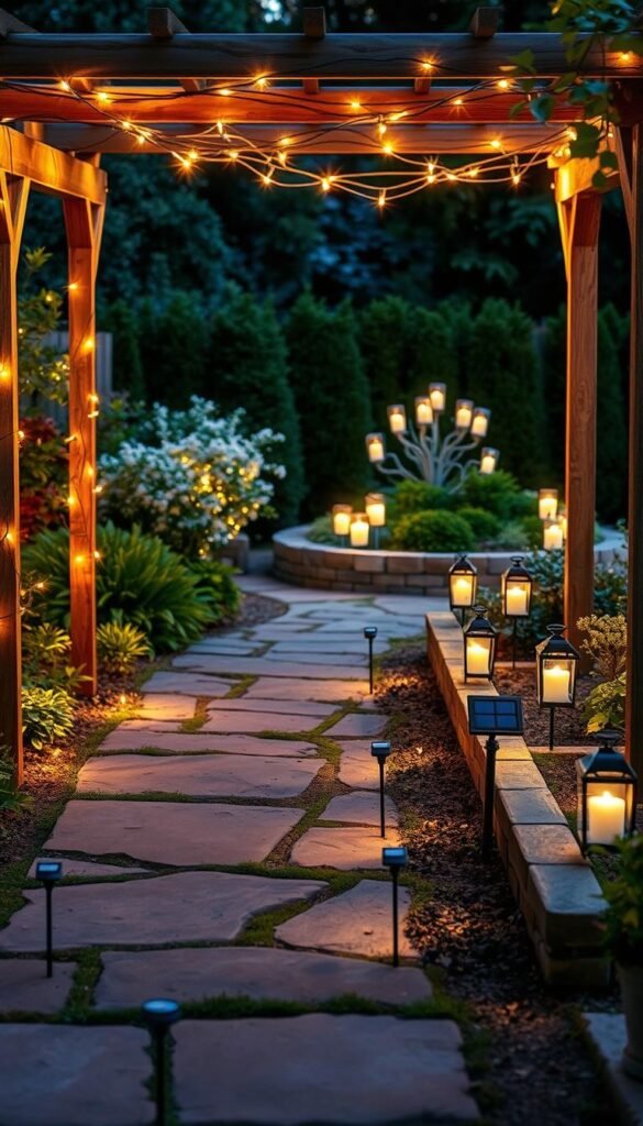 A cozy garden oasis illuminated by a mix of rustic string lights, solar-powered path markers, and glowing lanterns. In the foreground, a charming pergola is draped with twinkling fairy lights, casting a warm, romantic glow. Flanking the stone pathway, small solar-powered garden stakes line the way, their soft lights guiding the viewer's eye through the lush, well-manicured greenery. In the background, a cluster of candle-lit lanterns adorns the edges of a raised garden bed, creating a serene, inviting atmosphere. The overall scene conveys a sense of budget-friendly elegance, perfect for a tranquil evening in the garden. A cozy garden oasis illuminated by a mix of rustic string lights, solar-powered path markers, and glowing lanterns. In the foreground, a charming pergola is draped with twinkling fairy lights, casting a warm, romantic glow. Flanking the stone pathway, small solar-powered garden stakes line the way, their soft lights guiding the viewer's eye through the lush, well-manicured greenery. In the background, a cluster of candle-lit lanterns adorns the edges of a raised garden bed, creating a serene, inviting atmosphere. The overall scene conveys a sense of budget-friendly elegance, perfect for a tranquil evening in the garden.