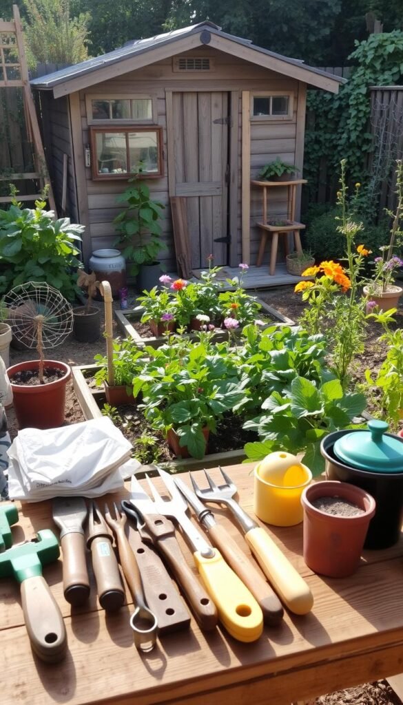 A cozy garden scene with a simple, yet thoughtful layout. In the foreground, various gardening tools and supplies are neatly organized on a wooden workbench, reflecting a practical and budget-conscious approach. The middle ground showcases a small, lush vegetable patch with leafy greens and vibrant flowers, all thriving in the warm, natural light. In the background, a quaint shed with a rustic charm provides a backdrop, hinting at the DIY spirit of the overall design. The atmosphere is one of tranquility and productivity, encouraging the viewer to envision their own low-cost, yet visually appealing garden oasis. A cozy garden scene with a simple, yet thoughtful layout. In the foreground, various gardening tools and supplies are neatly organized on a wooden workbench, reflecting a practical and budget-conscious approach. The middle ground showcases a small, lush vegetable patch with leafy greens and vibrant flowers, all thriving in the warm, natural light. In the background, a quaint shed with a rustic charm provides a backdrop, hinting at the DIY spirit of the overall design. The atmosphere is one of tranquility and productivity, encouraging the viewer to envision their own low-cost, yet visually appealing garden oasis.
