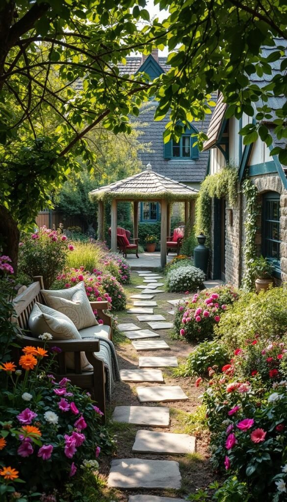 A cozy garden seating area nestled amidst a lush, whimsical landscape. The foreground features a rustic wooden bench adorned with plush cushions and a patterned throw, inviting visitors to relax and unwind. Surrounding the seating is a vibrant array of flowering plants, their petals dancing in the soft, dappled sunlight that filters through the overhead canopy of verdant foliage. In the middle ground, a stone pathway winds through the garden, leading the eye towards a charming gazebo draped in cascading vines. The background showcases a picturesque country cottage, its weathered exterior radiating a sense of timeless charm. The overall scene exudes a warm, nostalgic atmosphere, perfectly encapsulating the cozy, inviting ambiance of a garden cottage aesthetic. A cozy garden seating area nestled amidst a lush, whimsical landscape. The foreground features a rustic wooden bench adorned with plush cushions and a patterned throw, inviting visitors to relax and unwind. Surrounding the seating is a vibrant array of flowering plants, their petals dancing in the soft, dappled sunlight that filters through the overhead canopy of verdant foliage. In the middle ground, a stone pathway winds through the garden, leading the eye towards a charming gazebo draped in cascading vines. The background showcases a picturesque country cottage, its weathered exterior radiating a sense of timeless charm. The overall scene exudes a warm, nostalgic atmosphere, perfectly encapsulating the cozy, inviting ambiance of a garden cottage aesthetic.