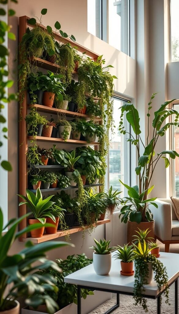 A cozy indoor vertical garden setup, filled with lush greenery. The foreground features a sleek, custom-built plant wall unit, its shelves brimming with a variety of thriving potted plants, cascading vines, and trailing succulents. Warm, natural lighting filters in through large windows, casting a soft glow and creating depth. The middle ground showcases a stylish, minimalist table topped with additional potted plants, while the background reveals a clean, modern interior with neutral tones and simple furnishings, allowing the verdant foliage to take center stage. The overall atmosphere is one of tranquility and a seamless integration of nature into an urban living space.
