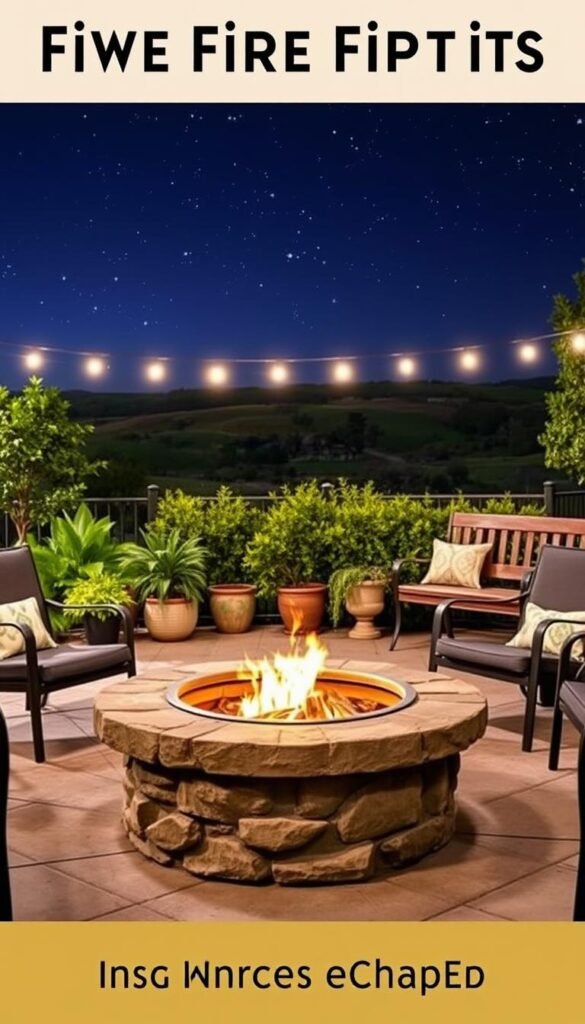 A cozy outdoor fire pit design with various arrangement options. In the foreground, an attractive stone fire pit with a metal rim, surrounded by comfortable seating such as stylish patio chairs and a rustic wooden bench. The middle ground features lush greenery like potted plants and shrubs, creating a natural ambiance. The background showcases a tranquil landscape with a starry night sky, illuminated by the warm glow of the fire pit. The lighting is soft and inviting, casting a gentle, flickering effect. The composition captures the perfect balance between the fire pit, the surrounding decor, and the serene outdoor setting, making it an ideal focal point for evening gatherings.