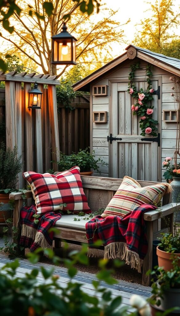A cozy outdoor oasis, bathed in warm, golden light. In the foreground, plush pillows and plaid blankets adorn a weathered wooden bench, inviting relaxation. Trailing vines and potted plants add a lush, organic touch. In the middle ground, a vintage-inspired lantern casts a soft glow, while a rustic wooden trellis supports cascading flowers. In the background, a picturesque garden shed with a charming, country-chic aesthetic stands as the backdrop, its weathered boards and climbing roses creating a sense of timeless beauty. The overall atmosphere is one of comforting, homespun elegance, blending the indoors and outdoors for a truly cozy and inviting outdoor oasis.