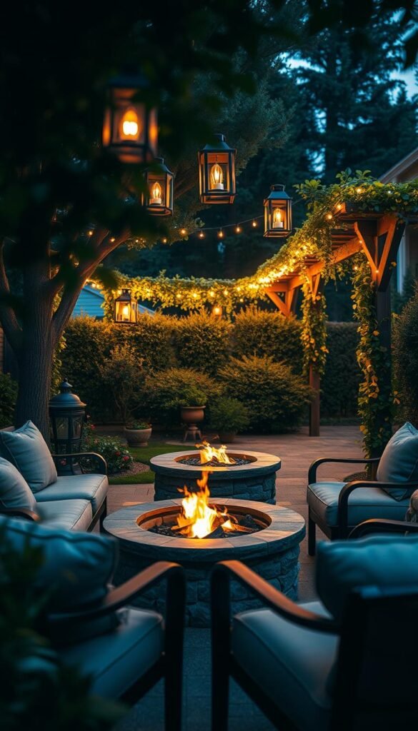 A cozy outdoor retreat with a crackling fire pit nestled in a lush garden. Soft lighting from hanging lanterns casts a warm glow, inviting guests to gather around the fire. Plush outdoor furniture, including a loveseat and armchairs, create a comfortable seating area. In the background, a wooden pergola draped with greenery and string lights adds to the intimate, atmospheric ambiance. The scene is framed by towering trees and shrubbery, creating a secluded, private oasis. The overall composition evokes a sense of tranquility and relaxation, perfect for evenings spent with friends and family.