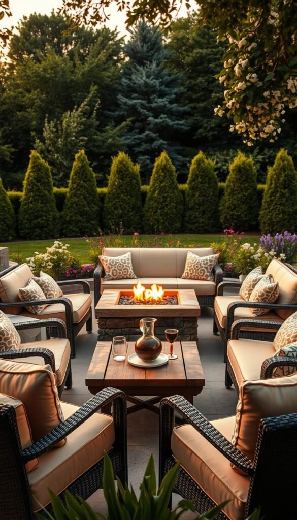 A cozy outdoor seating area arranged around a crackling fire pit. In the foreground, plush cushioned chairs and a loveseat form an intimate conversation circle. Warm light from the central flames casts a soft glow across the scene. In the middle ground, a low wooden coffee table holds glasses and a pitcher, inviting guests to relax and enjoy the evening. The background features lush greenery - tall trees, blooming flowers, and neatly trimmed hedges - creating a serene, naturalistic backdrop. The entire setting is bathed in the golden hue of sunset, lending a tranquil, inviting atmosphere perfect for casual gatherings on a cool summer night.