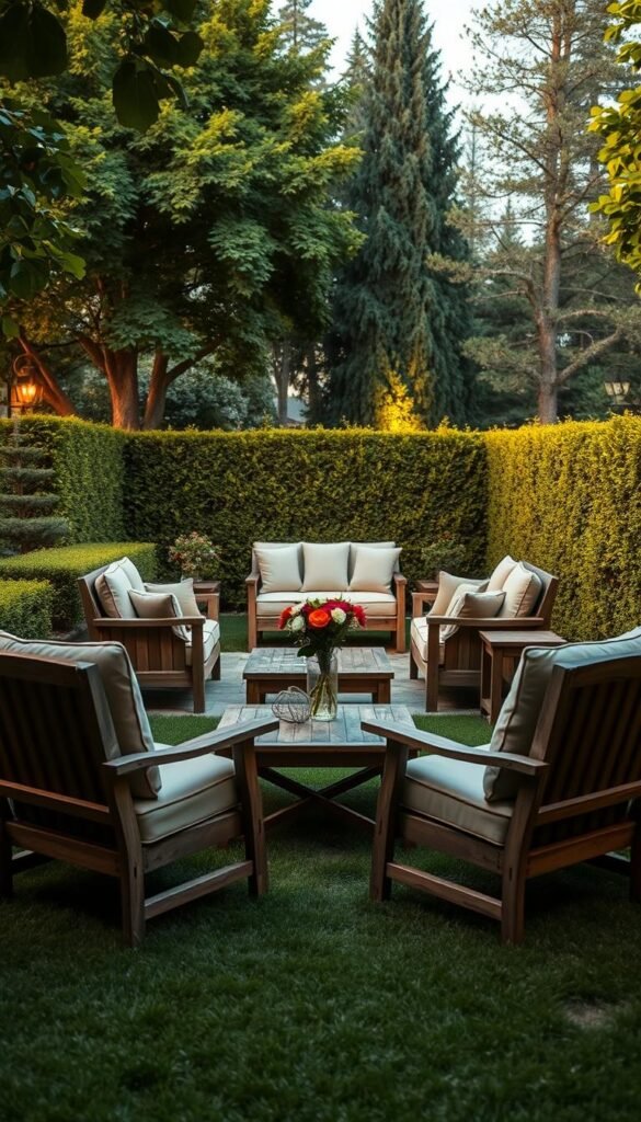 A cozy outdoor seating arrangement nestled in a lush, well-manicured garden. In the foreground, a pair of plush, weathered wood armchairs with neutral-toned cushions face each other, inviting conversation. A low, wooden coffee table stands between them, topped with a vase of freshly cut flowers. In the middle ground, a matching loveseat and side table create a harmonious setting, illuminated by soft, warm lighting from discreet outdoor fixtures. The background features vibrant greenery, including towering trees and neatly trimmed hedges, creating a serene, nature-inspired ambiance. The overall scene exudes a sense of relaxation and comfortable sophistication, perfect for an intimate outdoor retreat.
