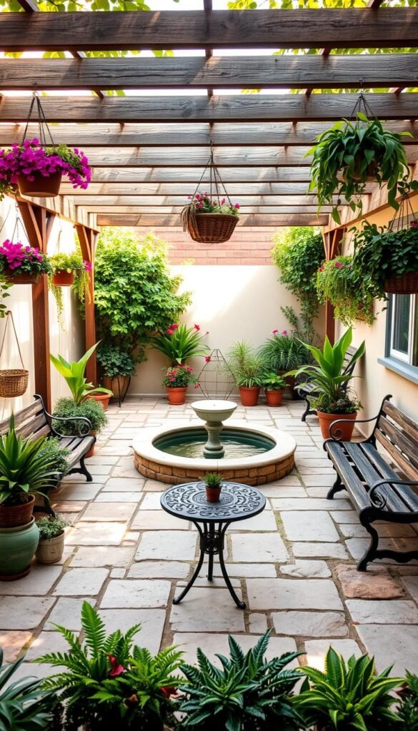 A cozy patio garden with a harmonious layout, featuring a central water feature surrounded by lush, well-curated foliage. Warm, natural lighting filters through the overhead pergola, casting a soft glow on the stone pavers and wooden furnishings. Potted plants and hanging baskets add pops of vibrant color, while strategically placed benches and a small bistro table invite relaxation. The overall design exudes a sense of tranquility and balance, creating an inviting outdoor retreat.