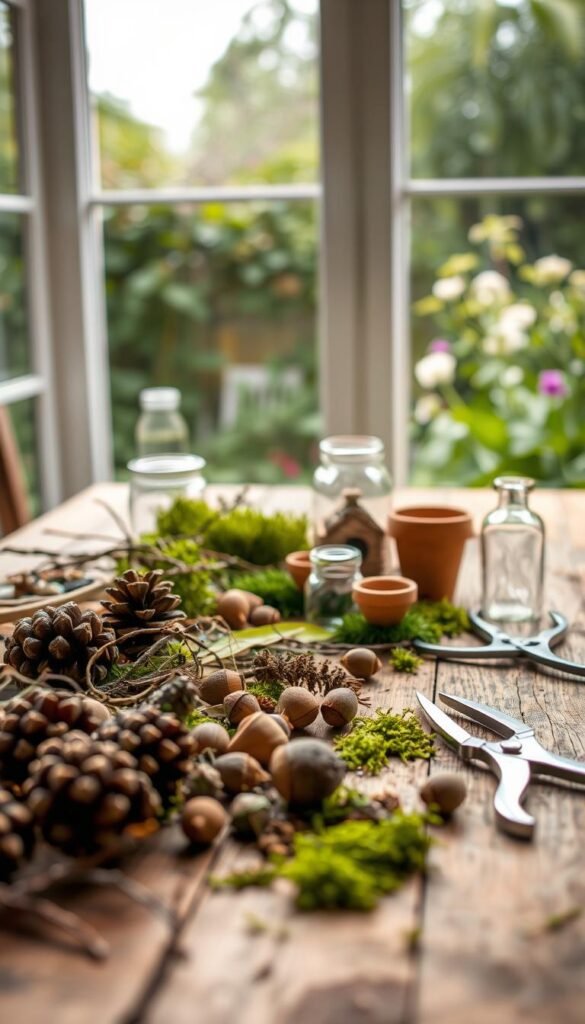 A cozy still life of DIY fairy house materials scattered across a rustic wooden table. In the foreground, an assortment of natural elements like pinecones, moss, twigs, and acorn caps. In the middle ground, miniature clay pots, decorative glass jars, and a small pair of gardening shears. The background features a blurred view of a lush, green garden through a large window, bathed in soft, natural lighting. The overall mood is whimsical, inviting, and inspiring, capturing the essence of crafting a charming fairy dwelling.