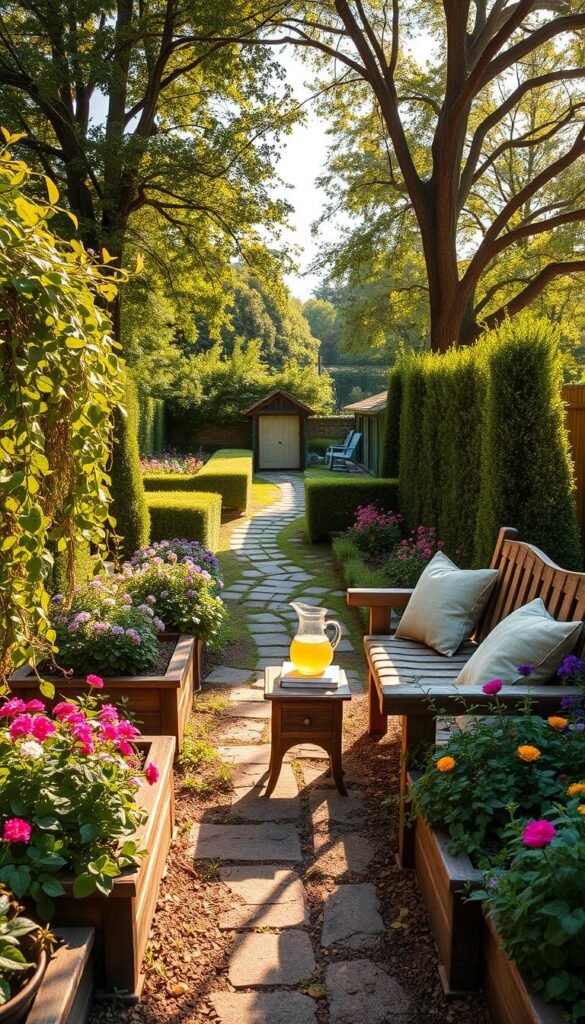 A cozy, well-designed cottage garden seating area, bathed in warm, golden afternoon sunlight. In the foreground, a rustic wooden bench or loveseat with plush, weathered cushions invites relaxation. Lush, colorful perennials and trailing vines spill over the edges of raised garden beds, framing the seating. A small, decorative table holds a pitcher of freshly-squeezed lemonade and a stack of books. In the middle ground, a winding stone path leads to the seating area, bordered by neatly-trimmed hedges and potted blooming plants. Mature trees in the background provide dappled shade and a sense of privacy, creating an intimate, secluded oasis. The overall atmosphere is one of tranquility, comfort and rustic charm.