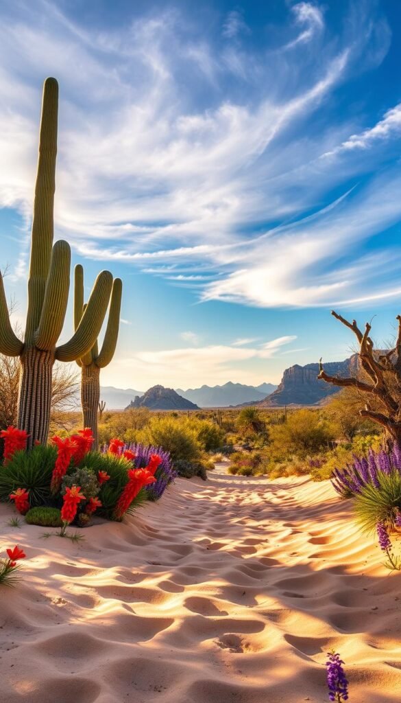 A desert oasis comes to life, with a lush garden path leading through undulating sand dunes. Vibrant desert blooms, like vibrant red Ocotillo and soft purple Lupine, dot the foreground, their petals gently swaying in the warm breeze. Towering Saguaro cacti and twisted Mesquite trees frame the middle ground, casting soft, long shadows across the scene. In the distance, rugged rock formations and hazy mountains rise up against a brilliant azure sky, infused with golden, late afternoon light. The overall atmosphere is one of tranquility and discovery, inviting the viewer on a serene desert garden journey.