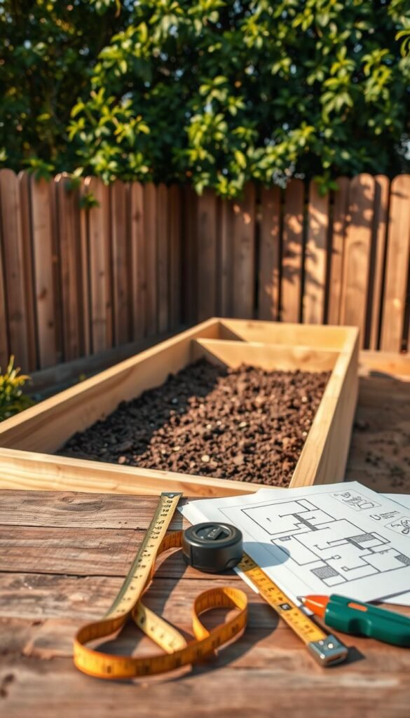 A detailed and well-planned raised garden bed along a fence, illuminated by warm, natural lighting. In the foreground, measuring tapes, hand tools, and sketches of the bed layout sit atop a wooden surface. The middle ground showcases the raised bed structure, its sturdy wooden frames and soil-filled interior. In the background, a wooden fence provides a natural backdrop, while lush, green foliage frames the scene, suggesting a serene, garden-like atmosphere. The composition emphasizes the planning and preparation stages of the raised bed project, capturing the anticipation and organization required for a successful garden design. A detailed and well-planned raised garden bed along a fence, illuminated by warm, natural lighting. In the foreground, measuring tapes, hand tools, and sketches of the bed layout sit atop a wooden surface. The middle ground showcases the raised bed structure, its sturdy wooden frames and soil-filled interior. In the background, a wooden fence provides a natural backdrop, while lush, green foliage frames the scene, suggesting a serene, garden-like atmosphere. The composition emphasizes the planning and preparation stages of the raised bed project, capturing the anticipation and organization required for a successful garden design.