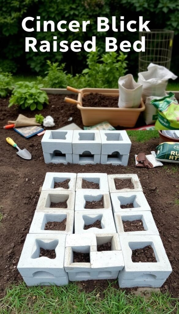 A detailed cinder block raised garden bed plan, captured in a well-lit, high-resolution photograph. The foreground showcases a meticulously arranged layout of cinder blocks, some stacked and others arranged in a grid pattern, ready to be filled with rich soil. The middle ground features various gardening tools and materials, such as a trowel, gardening gloves, and bags of compost, hinting at the practical steps involved in the construction process. The background depicts a lush, verdant backdrop, perhaps a garden or a serene outdoor setting, emphasizing the harmony between the raised bed and its natural surroundings. The overall scene conveys a sense of organization, practicality, and a budget-friendly approach to creating a sustainable, beautiful raised garden bed.