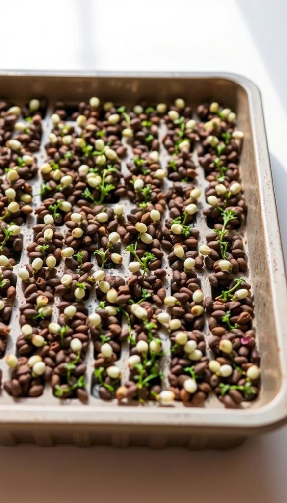 A detailed close-up photograph of neatly arranged flower seeds in a shallow tray, with a soft, even natural lighting illuminating the scene. The seeds are evenly spaced in a grid pattern, showcasing the careful planning and spacing required for a successful small-scale cut flower garden. The tray is positioned on a clean, neutral surface, allowing the seeds to be the focal point. The image conveys a sense of organization, precision, and the attention to detail needed when cultivating a thriving flower garden in a limited space.