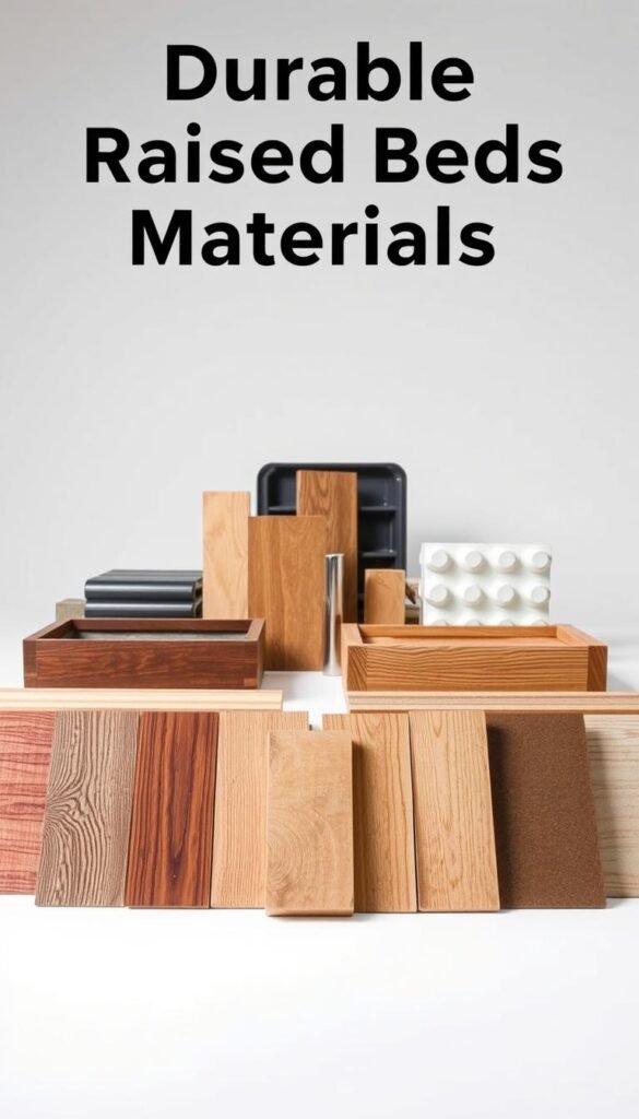 A detailed comparison of durable raised bed materials, showcased in a well-lit, high-resolution studio setting. In the foreground, various wood samples - cedar, redwood, pine, and composite - are arranged neatly, their textures and grains clearly visible. The middle ground features a variety of metal and plastic options, including galvanized steel, aluminum, and high-density polyethylene. In the background, a neutral backdrop allows the materials to stand out, while subtle shadows and highlights accentuate their unique properties. The overall composition conveys a sense of analytical study, inviting the viewer to closely examine the comparative durability and suitability of these raised bed materials.