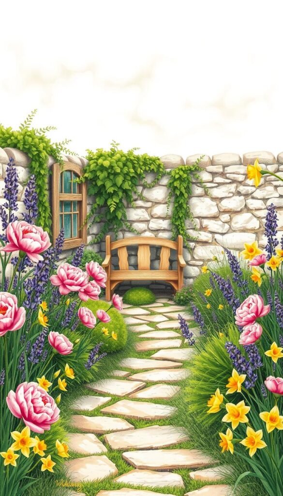 A detailed cottage garden sketch with a charming, whimsical atmosphere. In the foreground, a winding stone path leads through an abundance of colorful blooms - vibrant pink peonies, delicate lavender sprigs, and cheerful yellow daffodils. The middle ground features a quaint wooden bench nestled amidst cascading vines and lush greenery. In the background, a rustic stone wall serves as a backdrop, framing the scene with its weathered texture. Soft, natural lighting filters through wispy clouds, casting a warm, golden glow over the entire composition. The overall impression is one of tranquility and old-world elegance, perfectly capturing the essence of a quintessential cottage garden.