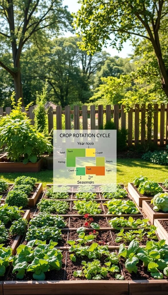 A detailed crop rotation diagram depicting a backyard vegetable garden. The foreground shows a neatly arranged grid of raised garden beds, each containing a different type of vegetable or herb. The middle ground showcases a clear visualization of the yearly crop rotation cycle, with different sections of the garden highlighted to represent various growing seasons. The background features a lush, sun-dappled garden setting, complete with a wooden fence, flourishing trees, and a peaceful, natural atmosphere. The lighting is soft and natural, creating a warm, inviting ambiance. The overall composition emphasizes the order, planning, and year-round productivity of the backyard veggie garden.
