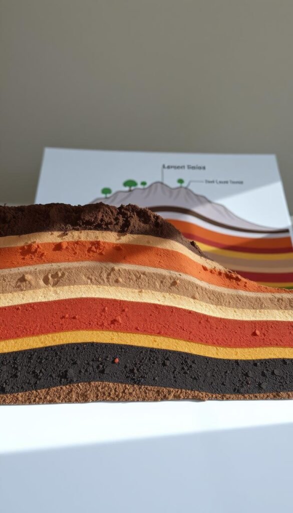 A detailed cross-sectional illustration of a slope, depicting the composition and structure of the soil layers. The foreground showcases the distinct soil horizons, each with its unique color, texture, and mineral content. The middle ground highlights the transitions between the layers, revealing the gradual changes in soil properties. In the background, a schematic representation of the terrain's topography provides context, emphasizing the importance of understanding the landscape's geology for successful gardening. The scene is illuminated by soft, natural lighting, creating a scientific yet approachable atmosphere, suitable for the educational purposes of the article.