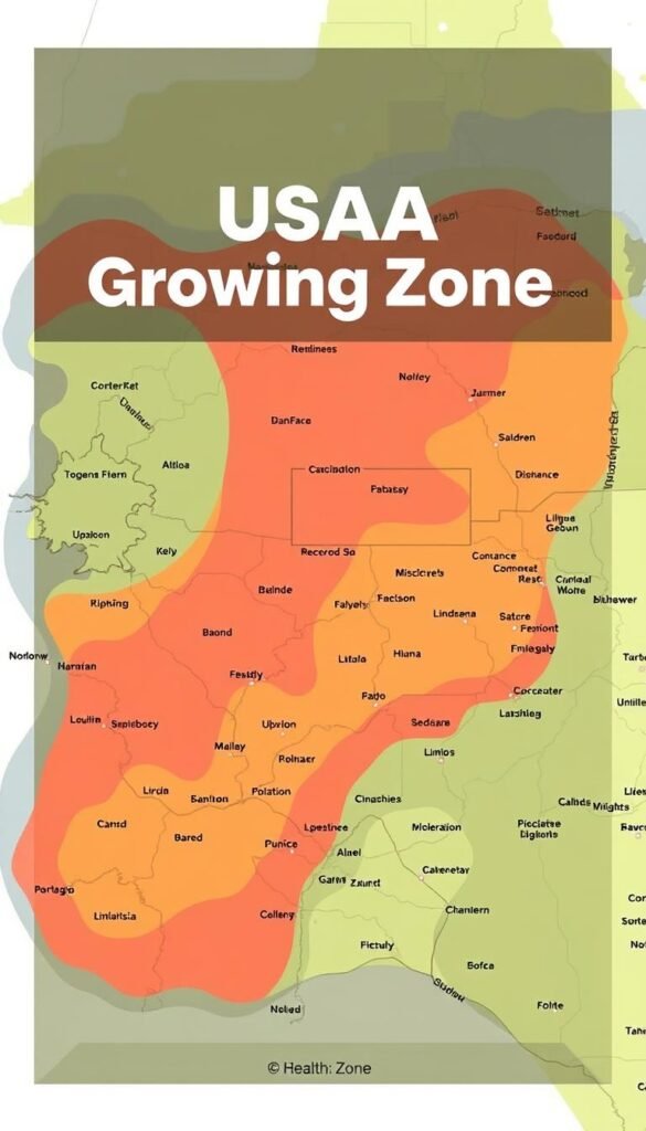 A detailed, high-resolution digital illustration of a USDA growing zone map, presented in a clean and informative style. The map should showcase the distinct colored zones that indicate various climate and temperature ranges across a geographic area, allowing viewers to easily identify their local gardening zone. The image should have a neutral, educational tone, with a focus on providing clear, practical information to help readers understand their unique growing conditions. Lighting should be soft and even, with a slight directional source to create depth and dimension. The overall composition should be well-balanced, with the map filling the frame and allowing for easy readability and analysis.