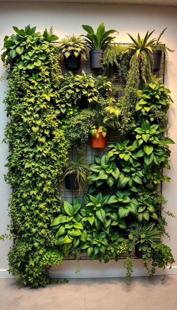 A detailed, meticulously planned vertical garden layout unfolds before the viewer. In the foreground, various lush foliage cascades down a modular panel system, its intricate patterns and textures brought to life by warm, directional lighting. The middle ground showcases a strategic arrangement of potted plants, trailing vines, and structured greenery, creating a harmonious layered effect. In the background, a neutral, minimalist wall serves as a clean, unobtrusive backdrop, allowing the vibrant vegetation to take center stage. This image conveys a sense of careful consideration, seamless integration, and the potential for transforming a bare vertical surface into a thriving, verdant oasis.