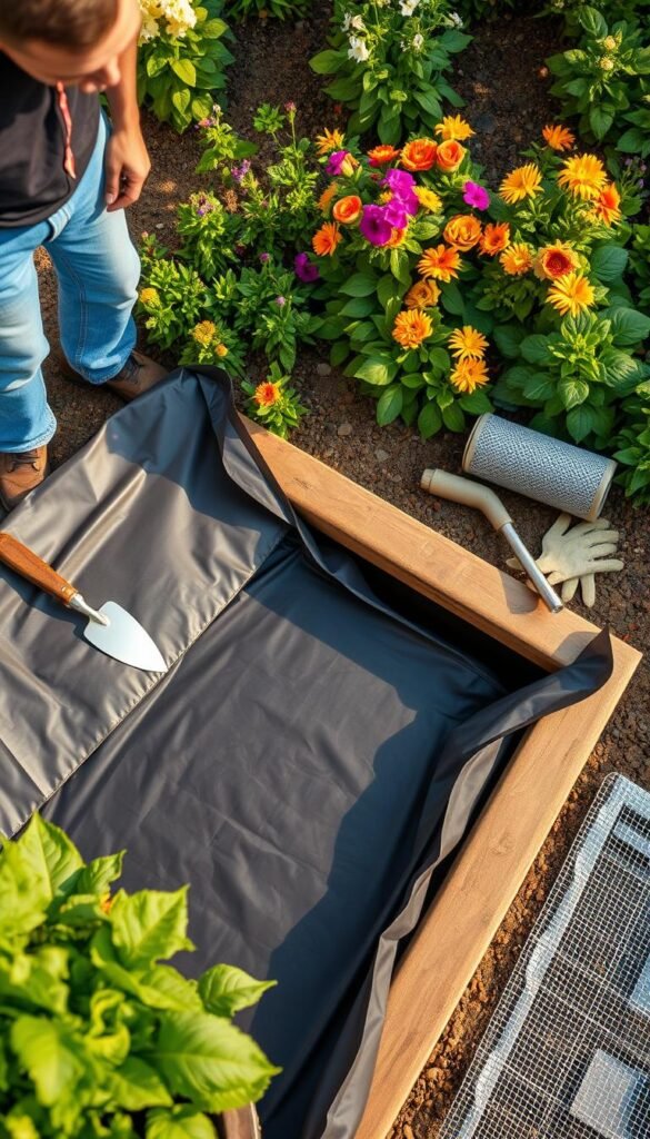 A detailed overhead shot of a garden bed installation process. The foreground shows a freshly lined and prepared garden bed, with a worker carefully smoothing out a durable garden liner, ensuring an even and seamless surface. The middle ground features various landscaping tools and materials, such as a trowel, gardening gloves, and a roll of drainage mesh. The background showcases a lush, well-maintained garden, with vibrant plants and flowers providing a natural setting. The lighting is soft and natural, with warm tones creating a pleasant, serene atmosphere. The camera angle is slightly elevated, providing a clear and comprehensive view of the installation process.