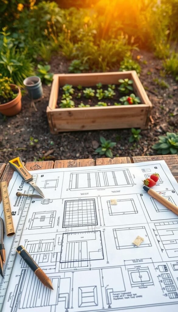 A detailed plan for a raised garden bed, meticulously sketched out on a weathered wooden plank. In the foreground, carefully measured dimensions and layout diagrams, with tools and gardening supplies scattered about. In the middle ground, a blueprint-style rendering of the raised bed's structure, complete with sturdy wooden frames and neatly arranged planting areas. The background features a serene outdoor setting, with lush greenery and a warm, golden-hour lighting that casts a soft, natural glow over the entire scene. The overall mood is one of organized, thoughtful preparation, inviting the viewer to envision the joy of growing bountiful strawberries in this well-planned, waist-high oasis.