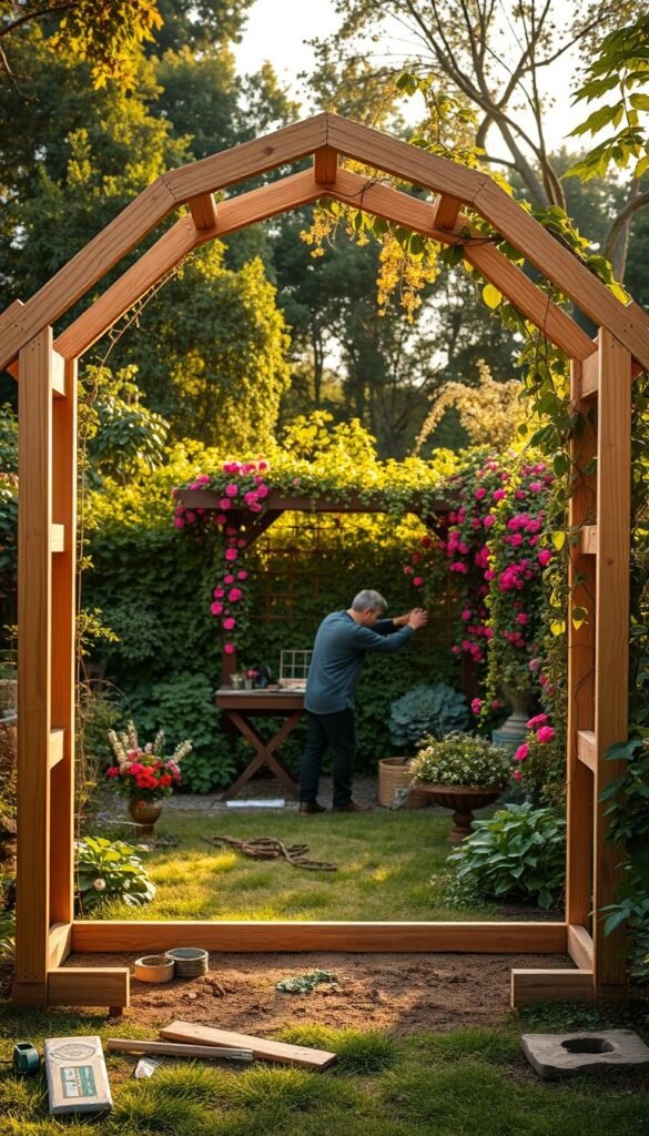 A detailed, step-by-step DIY construction of a wooden garden arch in a lush, overgrown backyard. The foreground showcases the arch's frame taking shape, with tools and materials scattered around. The middle ground features a gardener carefully measuring and assembling the intricate joints. In the background, a colorful array of flowers and vines climb up the structure, creating a picturesque, natural ambiance. Warm, golden lighting filters through the greenery, casting a soft, romantic glow. The camera angle is slightly elevated, providing a clear, unobstructed view of the entire construction process.