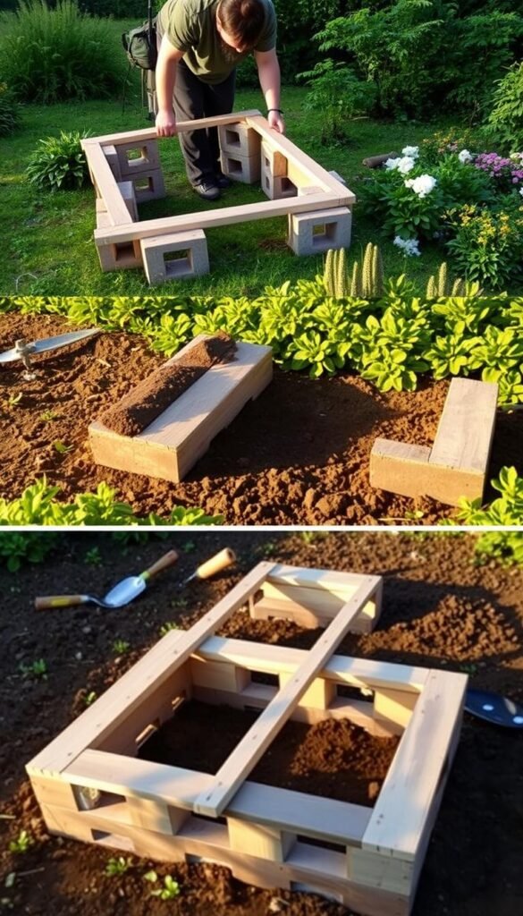 A detailed step-by-step guide to building a raised garden bed. In the foreground, a person is constructing the frame, carefully assembling cinder blocks and arranging wooden planks to create the elevated structure. The middle ground features various gardening tools and materials, including a shovel, trowel, and soil. In the background, a lush green landscape with flourishing plants and flowers sets the serene, natural atmosphere. The lighting is soft and diffused, casting warm shadows that accentuate the textures of the materials. The camera angle is slightly elevated, capturing the entire process in a clear, informative manner.
