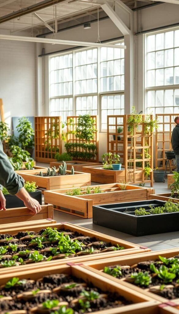A detailed, step-by-step process of a modular garden assembly in a well-lit, airy workshop. In the foreground, skilled hands carefully interlock modular garden panels, showcasing the precision and adaptability of the system. In the middle ground, various modular components - from raised beds to trellises - are arranged and configured, demonstrating the innovative design. In the background, large windows provide natural lighting, creating a serene, almost meditative atmosphere. The composition emphasizes the harmonious integration of the modular elements, hinting at the dynamic versatility of this gardening approach.