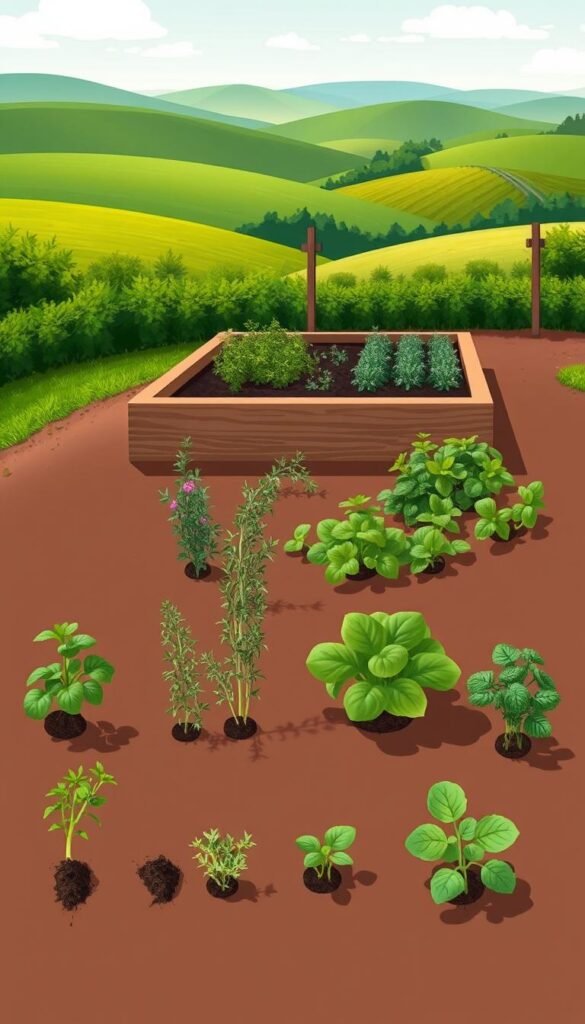 A detailed timeline illustration depicting the herb planting process for a raised bed garden. The foreground showcases various herbs - rosemary, thyme, oregano, basil, and parsley - in different stages of growth, from seed to mature plant. The middle ground features a raised garden bed with rich, dark soil and neatly arranged rows of herbs. In the background, a lush, verdant landscape with rolling hills and a cloudless sky creates a serene, natural atmosphere. The lighting is soft and diffused, casting gentle shadows and highlighting the vibrant greens of the plants. The overall composition conveys a sense of careful planning, attention to detail, and the joy of cultivating a thriving herb garden.