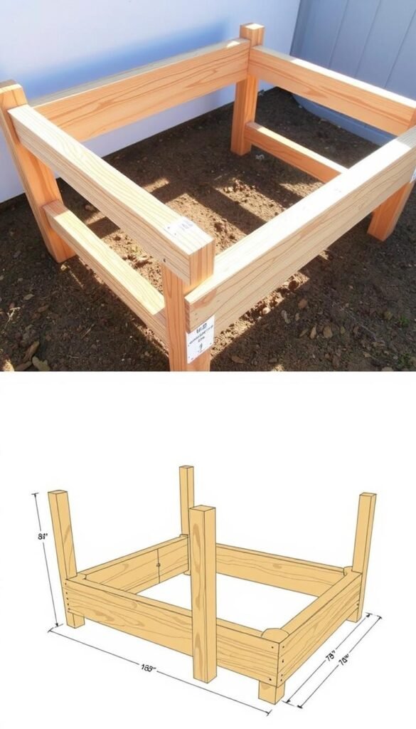 A detailed woodworking plan for constructing a raised garden bed structure. A well-lit, high-angle view showcases the frame assembly process, with a focus on the sturdy wooden supports, interlocking joints, and precisely measured dimensions. The scene conveys a sense of DIY craftsmanship, with natural lighting illuminating the textured wood grains and a clean, uncluttered background emphasizing the structural design. The overall impression is one of a straightforward, step-by-step guide to building a functional and visually appealing garden bed foundation.
