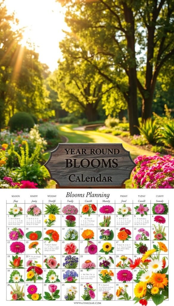 A detailed year-round bloom planning calendar, showcasing vibrant flower beds in a lush, sun-dappled garden. In the foreground, a grid-like layout displays various blooming flora for each season, their colors and textures meticulously rendered. The middle ground features a beautifully crafted wooden plaque, its surface weathered yet elegant, conveying a sense of timelessness. Behind it, a verdant backdrop of towering trees and winding paths, capturing the serene, naturalistic atmosphere of a thriving, well-planned garden. Warm, golden lighting filters through the foliage, casting a soft, inviting glow over the entire scene. The overall composition is visually striking, blending practicality and artistic flair to inspire year-round floral delight.