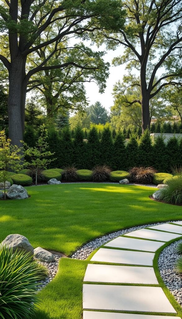 A harmonious blend of modern garden hardscape and lush plant life. In the foreground, a sleek stone pathway meanders through a verdant expanse, punctuated by artfully arranged boulders and gravel. The middle ground features a meticulously pruned shrub border, its varied hues and textures creating a captivating visual tapestry. In the background, a towering canopy of mature trees casts a warm, dappled light over the entire scene, infusing the space with a serene, naturalistic ambiance. The overall composition strikes a perfect balance between the clean, linear elements of the hardscape and the soft, organic forms of the vegetation, resulting in a visually striking and harmonious garden design.