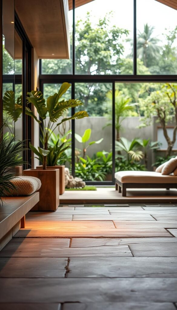 A harmonious blend of natural and man-made materials, bathed in warm, diffused lighting. In the foreground, smooth stone pavers seamlessly transition from the interior to the exterior, blending the boundary between indoors and out. Mid-ground features a mix of wooden planters and plush textiles, echoing the organic textures. In the background, floor-to-ceiling glass panels open up to a lush, verdant garden, creating a sense of visual continuity. The overall atmosphere is one of tranquility and cohesion, inviting the viewer to experience a truly unified indoor-outdoor space.