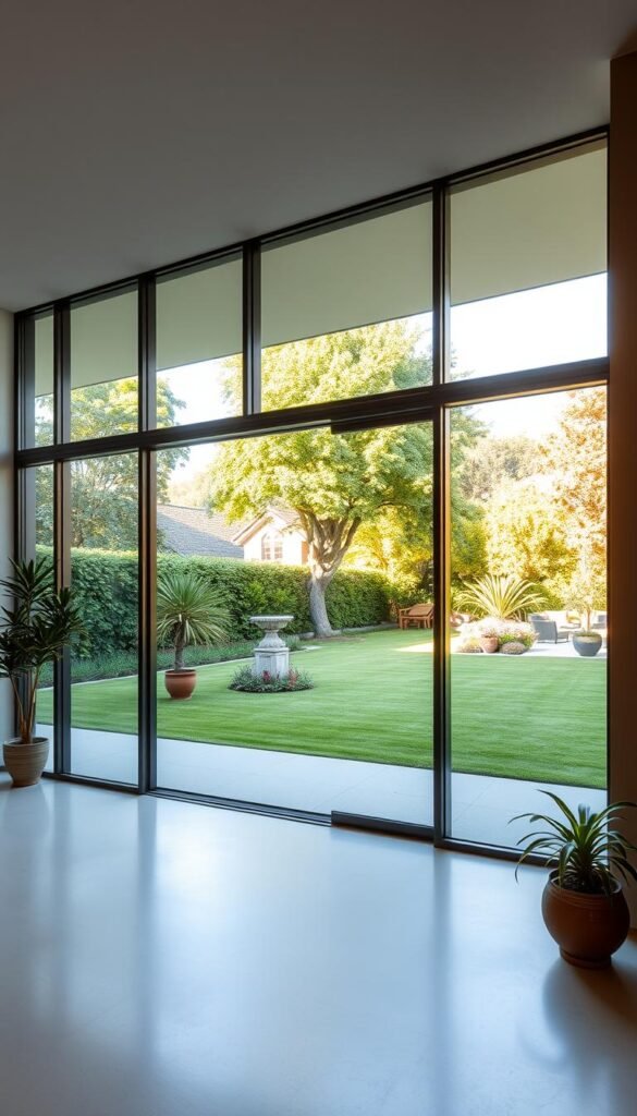 A large, modern glass-paneled entryway opens to a lush, well-manicured outdoor garden. The glass doors extend from floor to ceiling, allowing an unobstructed view of the verdant landscape beyond. Warm, diffused sunlight filters through the glass, creating a seamless indoor-outdoor connection. The space is airy and bright, with clean lines and a minimalist aesthetic. Potted plants and architectural garden features dot the scene, blending the natural and built environments. The overall impression is one of harmony, tranquility, and a strong connection between the home's interior and the surrounding landscape.