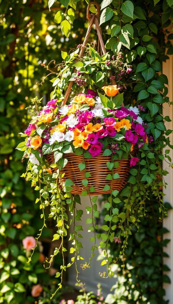 A lush and bountiful hanging basket arrangement adorns a quaint cottage garden. Cascading vines, colorful blooms, and verdant foliage spill gracefully from a rustic wicker basket, creating a captivating focal point. Dappled sunlight filters through the surrounding foliage, casting a warm, golden glow and accentuating the vibrant hues. The composition is balanced, with layers of textures and shapes that draw the eye inward. The scene evokes a sense of tranquility and natural beauty, perfectly suited to a charming cottage setting.