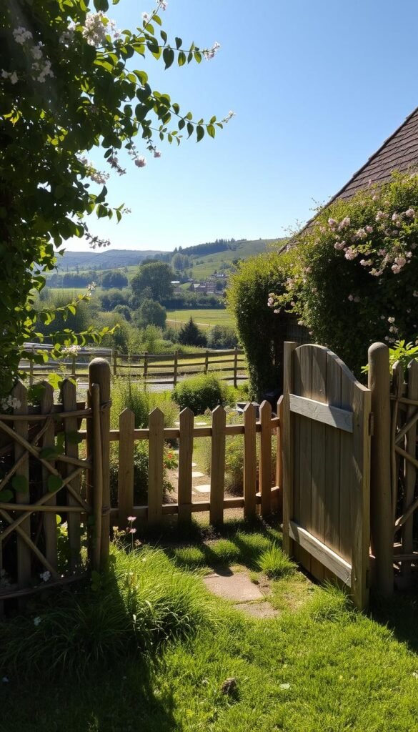A lush and charming cottage garden, with a picturesque boundary of intertwined wattle fencing and delicate wildflowers cascading over the edges. Sunlight filters through the verdant foliage, casting a warm, inviting glow. In the foreground, a rustic wooden gate stands ajar, beckoning the viewer to step into this enchanting, pastoral scene. The middle ground features a mix of traditional picket fencing and natural stone borders, blending seamlessly with the abundant greenery. In the background, a serene backdrop of rolling hills and a clear blue sky completes the idyllic, countryside atmosphere.